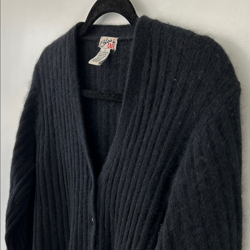 Vintage Bleu Cafe Angora Sweater Large Black Ribbed Knit Lambswool Cardigan